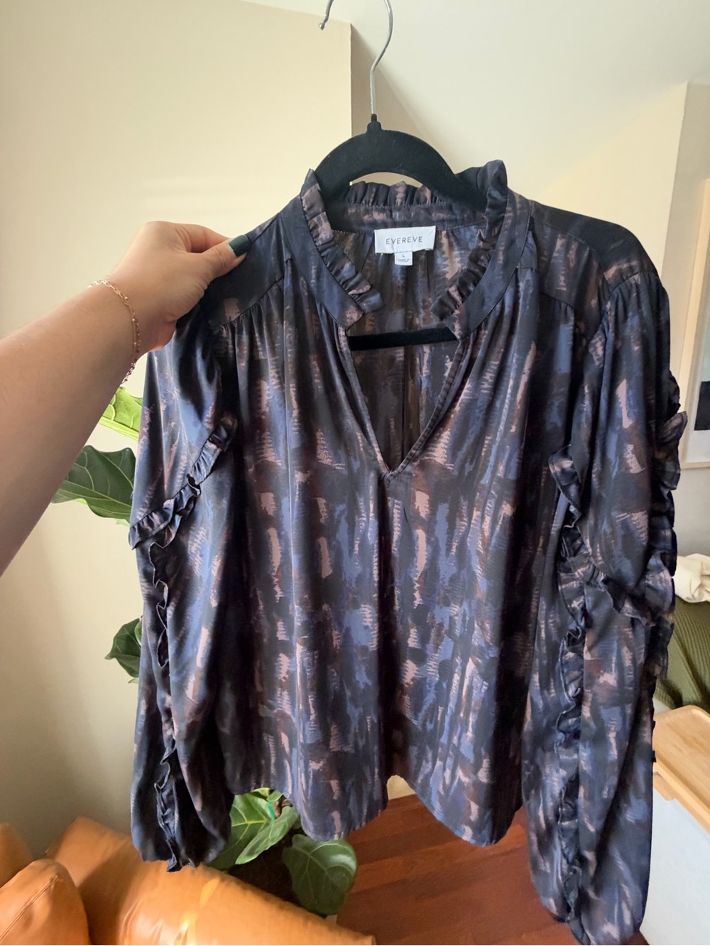 Evereve Black Blouse with Pink Abstract Brushstroke Print and Ruffle Trim